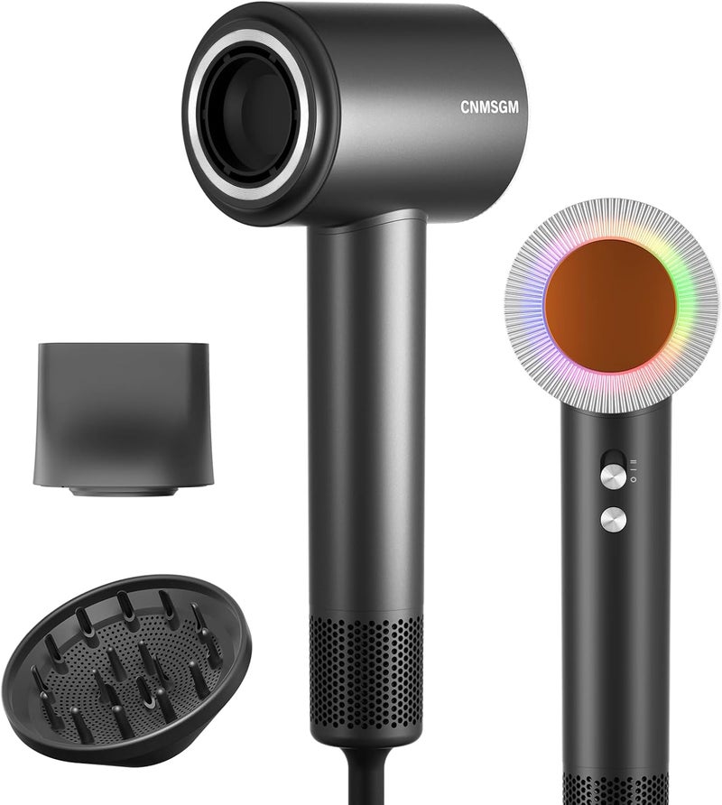 CNMSGM Hair Dryer, High Speed Ionic Blow Dryer, 5X-Fast Drying, 2 Billion Negative Ions, Low Noise,160000 RPM, Compact Blow Dryer with Magnetic Diffuser for Faster Drying All Hair Types(Black Gray) - Image 1